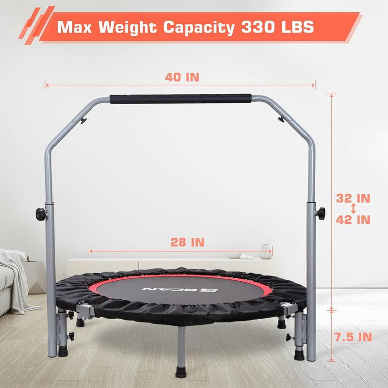 BCAN 40/48" Foldable Mini Trampoline Max Load 330Lbs/440Lbs, Fitness Rebounder with Adjustable Foam Handle, Exercise Trampoline for Adults Indoor/Garden Workout
