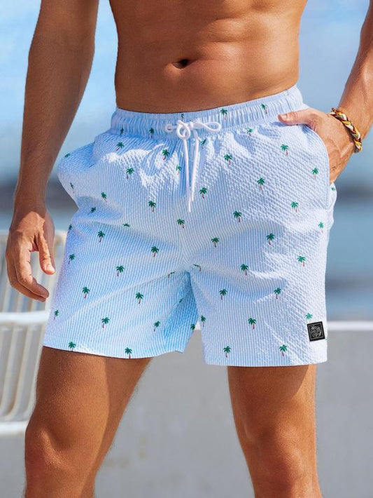 Men'S Regular Fit Palm Tree Print Boxer Brief Swim Shorts, Casual Comfy Breathable Swim Shorts for Summer, Men'S Swimwear for Beach Vacation, Summer Swim Bottoms, Summer Swim Trunks