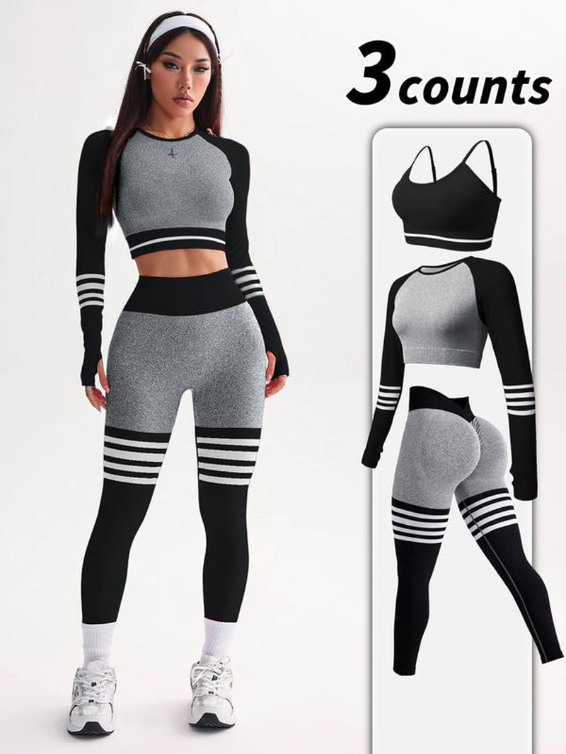 Women'S Striped Print Sports Bra & Leggings & Crop Top Tracksuit Set, Sporty Breathable Comfy Outfits for Yoga Gym Workout Running, Tracksuit Set, Workout Sets Women, Athleisure Wear Set, Workout Running Clothes,Sporty Style Clothes
