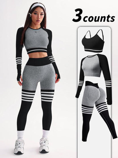 Women'S Striped Print Sports Bra & Leggings & Crop Top Tracksuit Set, Sporty Breathable Comfy Outfits for Yoga Gym Workout Running, Tracksuit Set, Workout Sets Women, Athleisure Wear Set, Workout Running Clothes,Sporty Style Clothes