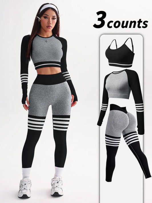 Women'S Striped Print Sports Bra & Leggings & Crop Top Tracksuit Set, Sporty Breathable Comfy Outfits for Yoga Gym Workout Running, Tracksuit Set, Workout Sets Women, Athleisure Wear Set, Workout Running Clothes,Sporty Style Clothes