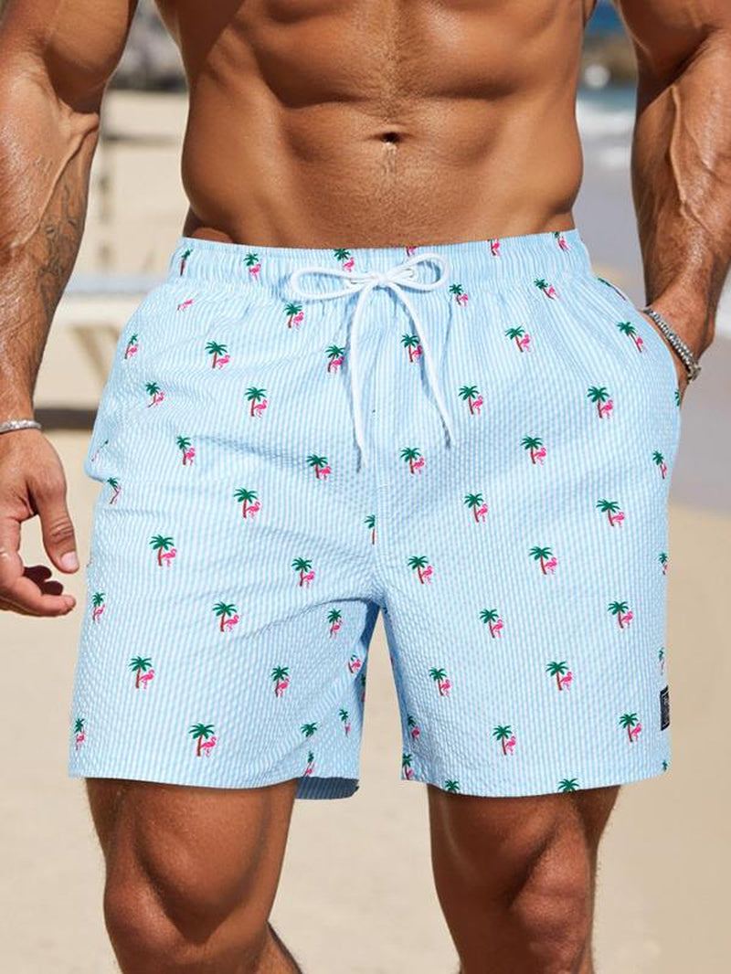 Men'S Regular Fit Palm Tree Print Boxer Brief Swim Shorts, Casual Comfy Breathable Swim Shorts for Summer, Men'S Swimwear for Beach Vacation, Summer Swim Bottoms, Summer Swim Trunks