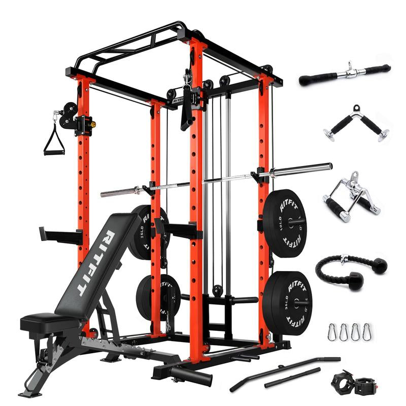 Ritfit Multi-Function Squat Rack Power Cage PPC03 with Cable Crossover System, 1000LBS Capacity Power Rack and Packages with Optional Weight Bench, Olympic Barbell Weight Set, Strength Training,Home Gym Equipment for Garage & Home Gym