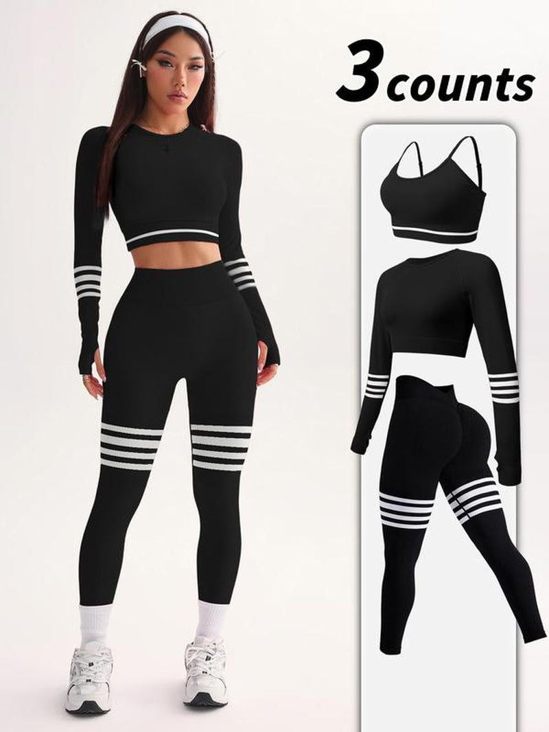 Women'S Striped Print Sports Bra & Leggings & Crop Top Tracksuit Set, Sporty Breathable Comfy Outfits for Yoga Gym Workout Running, Tracksuit Set, Workout Sets Women, Athleisure Wear Set, Workout Running Clothes,Sporty Style Clothes