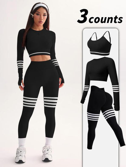 Women'S Striped Print Sports Bra & Leggings & Crop Top Tracksuit Set, Sporty Breathable Comfy Outfits for Yoga Gym Workout Running, Tracksuit Set, Workout Sets Women, Athleisure Wear Set, Workout Running Clothes,Sporty Style Clothes