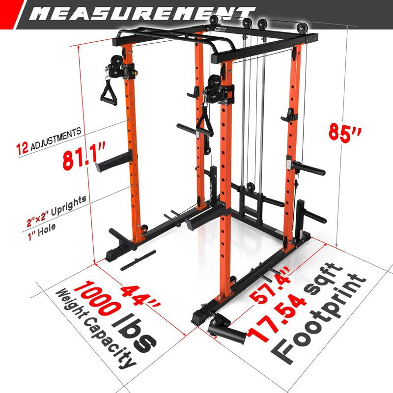 Ritfit Multi-Function Squat Rack Power Cage PPC03 with Cable Crossover System, 1000LBS Capacity Power Rack and Packages with Optional Weight Bench, Olympic Barbell Weight Set, Strength Training,Home Gym Equipment for Garage & Home Gym
