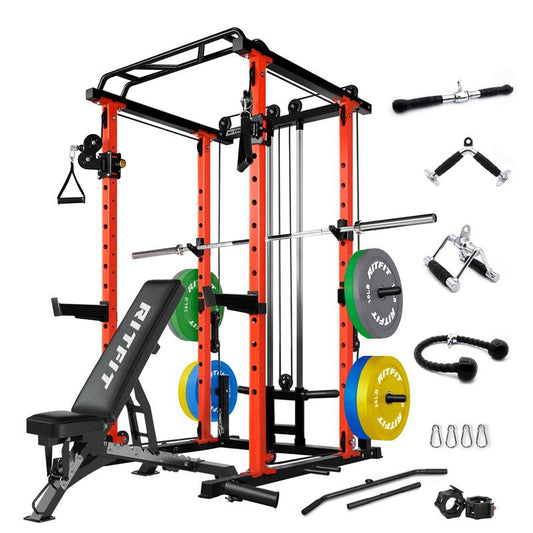 Ritfit Multi-Function Squat Rack Power Cage PPC03 with Cable Crossover System, 1000LBS Capacity Power Rack and Packages with Optional Weight Bench, Olympic Barbell Weight Set, Strength Training,Home Gym Equipment for Garage & Home Gym