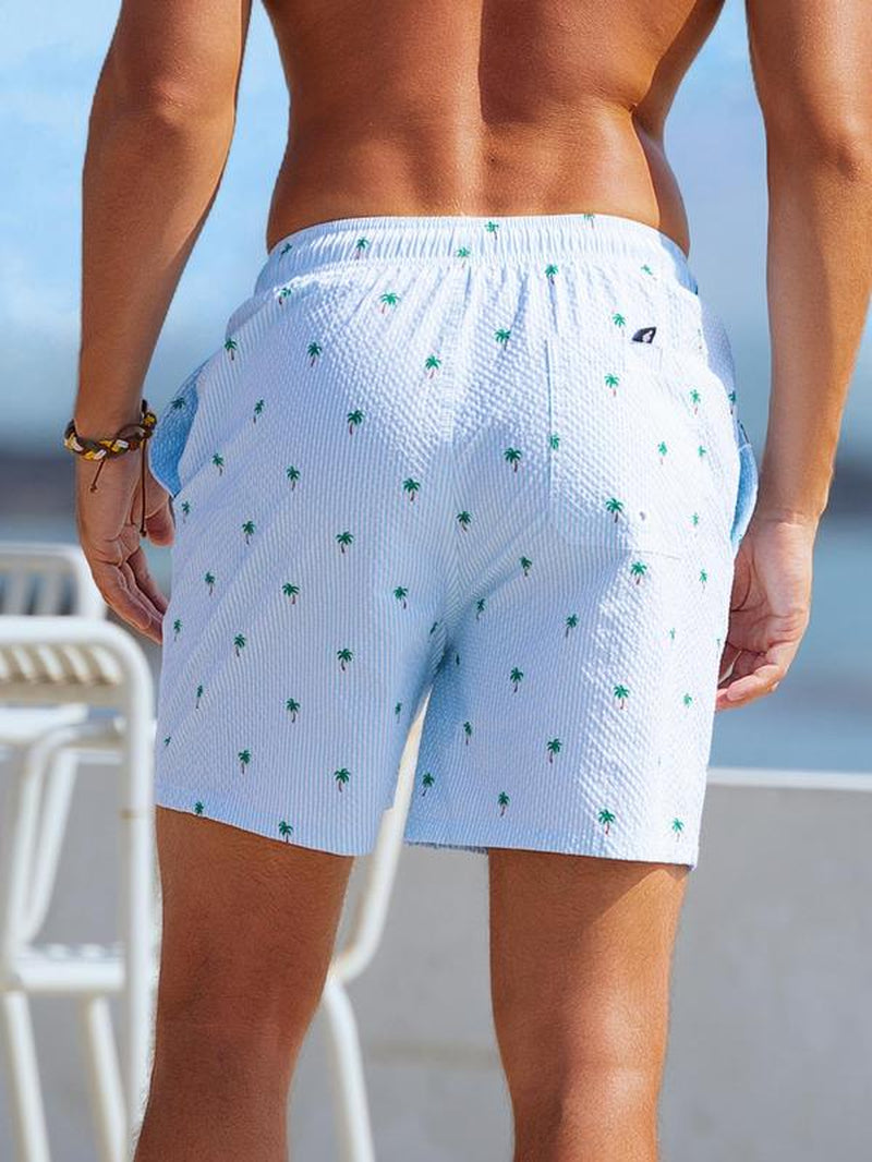 Men'S Regular Fit Palm Tree Print Boxer Brief Swim Shorts, Casual Comfy Breathable Swim Shorts for Summer, Men'S Swimwear for Beach Vacation, Summer Swim Bottoms, Summer Swim Trunks