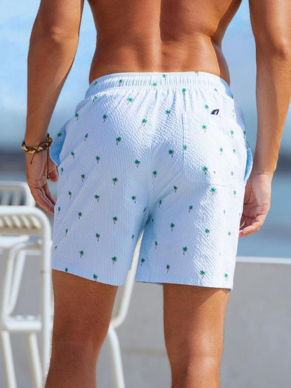 Men'S Regular Fit Palm Tree Print Boxer Brief Swim Shorts, Casual Comfy Breathable Swim Shorts for Summer, Men'S Swimwear for Beach Vacation, Summer Swim Bottoms, Summer Swim Trunks