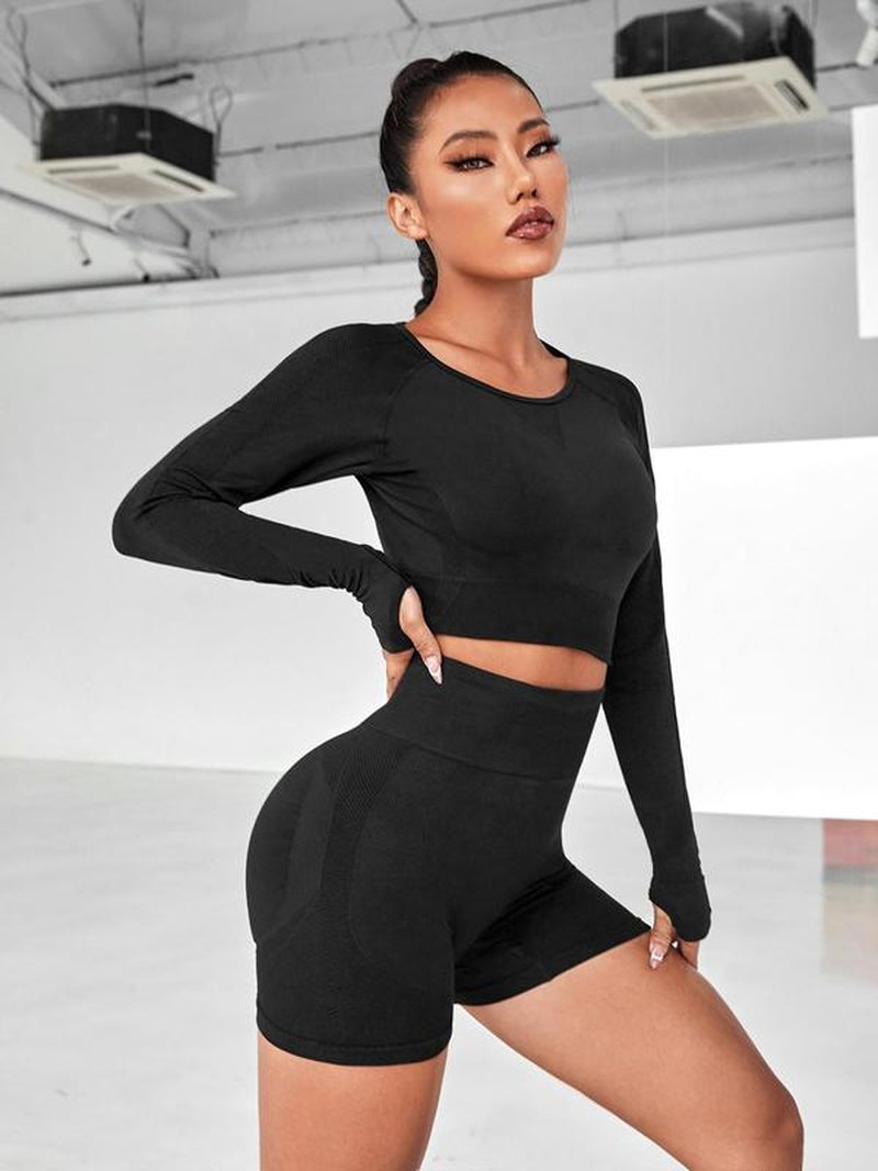 Two-Piece Set Women'S Solid Cut Out Raglan Sleeve Crop Top & High Waist Skinny Shorts Tracksuit Set, Sporty Casual Breathable Comfy Outfits for Yoga Gym Workout Running, Sports Basic Outfits, Ladies Sportswear for All Seasons, Black Girl Outfits