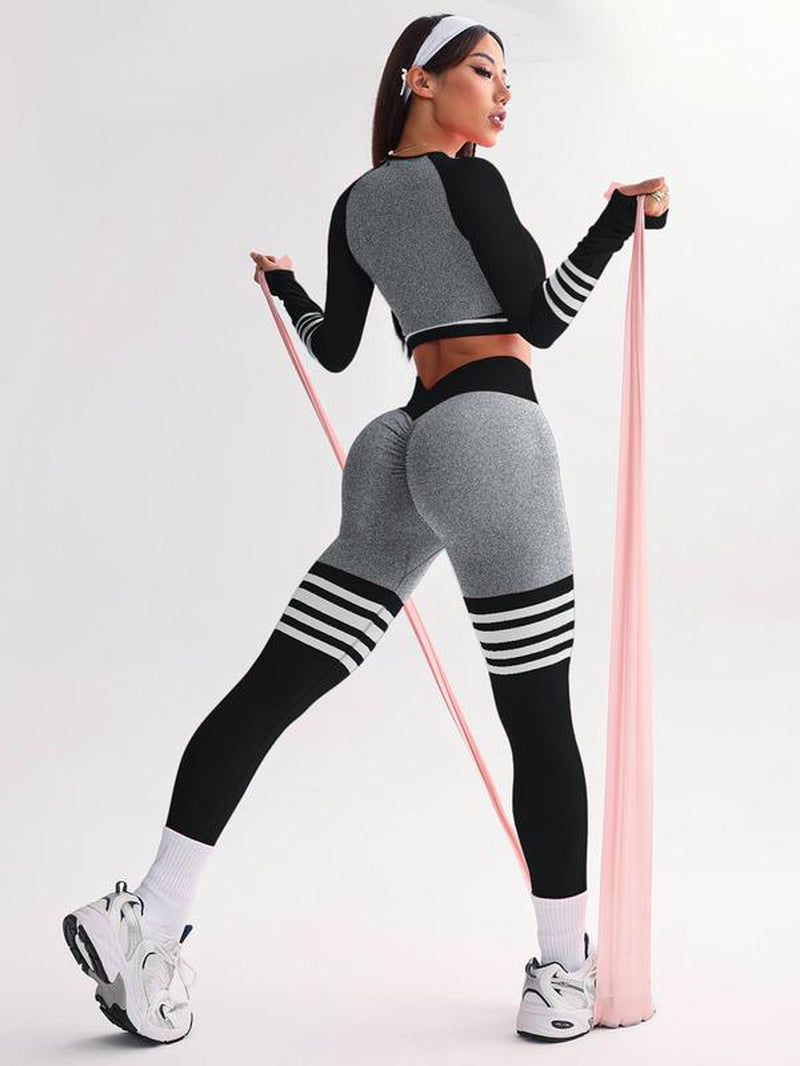Women'S Striped Print Sports Bra & Leggings & Crop Top Tracksuit Set, Sporty Breathable Comfy Outfits for Yoga Gym Workout Running, Tracksuit Set, Workout Sets Women, Athleisure Wear Set, Workout Running Clothes,Sporty Style Clothes