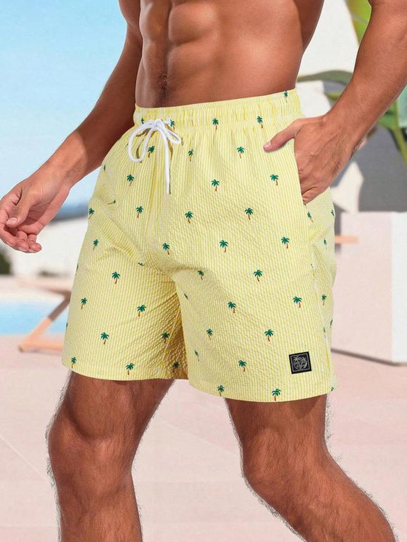 Men'S Regular Fit Palm Tree Print Boxer Brief Swim Shorts, Casual Comfy Breathable Swim Shorts for Summer, Men'S Swimwear for Beach Vacation, Summer Swim Bottoms, Summer Swim Trunks