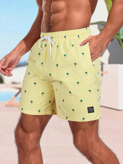 Men'S Regular Fit Palm Tree Print Boxer Brief Swim Shorts, Casual Comfy Breathable Swim Shorts for Summer, Men'S Swimwear for Beach Vacation, Summer Swim Bottoms, Summer Swim Trunks