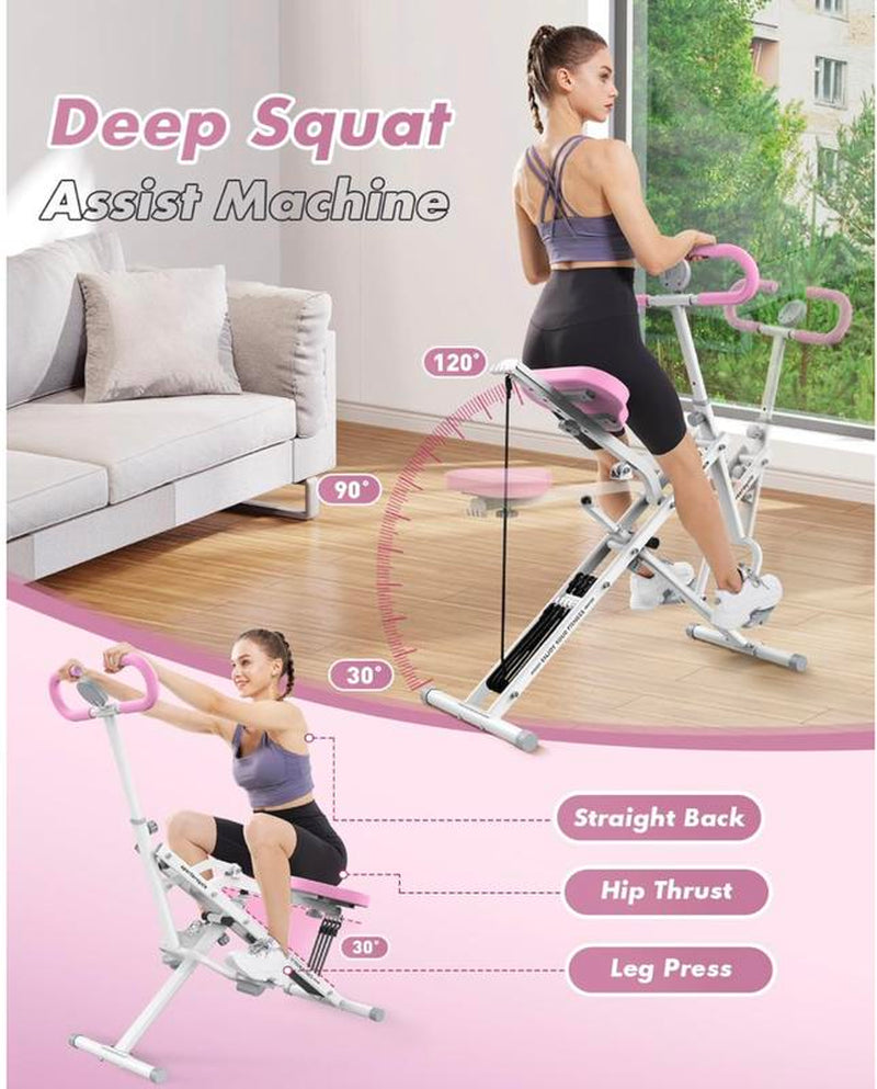 Row-N-Ride Squat Assist Trainer, Foldable & Easy Setup Exercise Equipment W/Adjustable Resistance, Home Gym Training Machine for Arm, Glute & Leg Workout, Optional in Colors