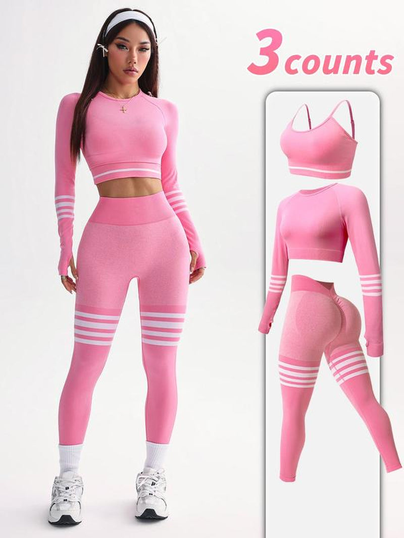 Women'S Striped Print Sports Bra & Leggings & Crop Top Tracksuit Set, Sporty Breathable Comfy Outfits for Yoga Gym Workout Running, Tracksuit Set, Workout Sets Women, Athleisure Wear Set, Workout Running Clothes,Sporty Style Clothes