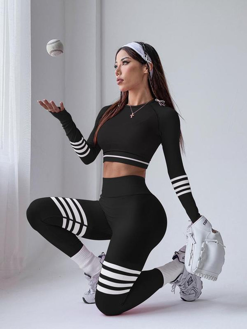 Women'S Striped Print Sports Bra & Leggings & Crop Top Tracksuit Set, Sporty Breathable Comfy Outfits for Yoga Gym Workout Running, Tracksuit Set, Workout Sets Women, Athleisure Wear Set, Workout Running Clothes,Sporty Style Clothes
