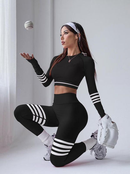 Women'S Striped Print Sports Bra & Leggings & Crop Top Tracksuit Set, Sporty Breathable Comfy Outfits for Yoga Gym Workout Running, Tracksuit Set, Workout Sets Women, Athleisure Wear Set, Workout Running Clothes,Sporty Style Clothes