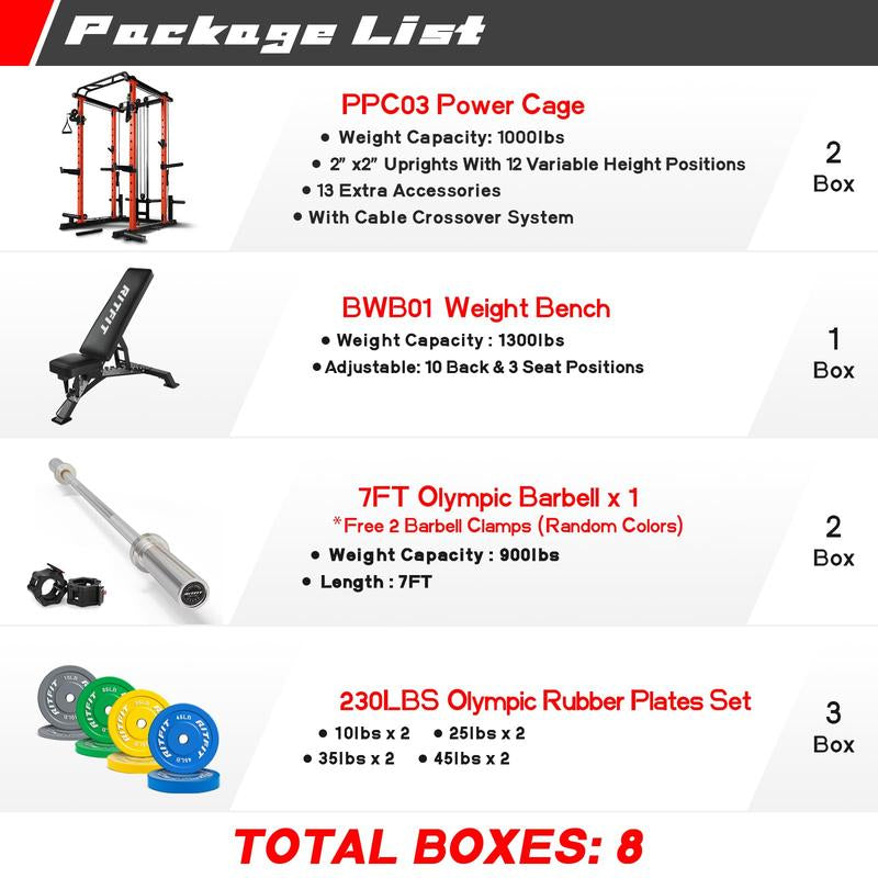 Ritfit Multi-Function Squat Rack Power Cage PPC03 with Cable Crossover System, 1000LBS Capacity Power Rack and Packages with Optional Weight Bench, Olympic Barbell Weight Set, Strength Training,Home Gym Equipment for Garage & Home Gym