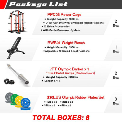 Ritfit Multi-Function Squat Rack Power Cage PPC03 with Cable Crossover System, 1000LBS Capacity Power Rack and Packages with Optional Weight Bench, Olympic Barbell Weight Set, Strength Training,Home Gym Equipment for Garage & Home Gym