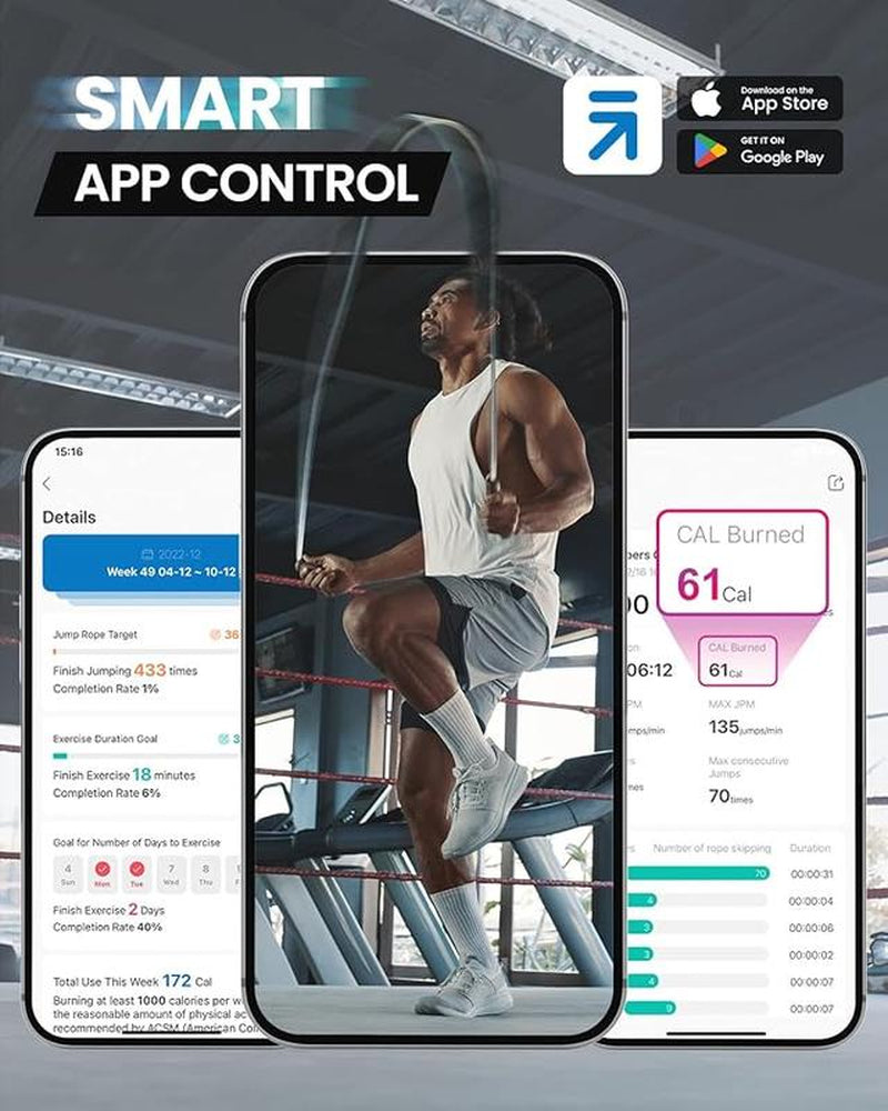 Smart Jump Rope, Fitness Skipping Rope with APP Data Analysis, Workout Jump Ropes for Home Gym, Crossfit, Jumping Rope Counter for Exercise for Men, Women