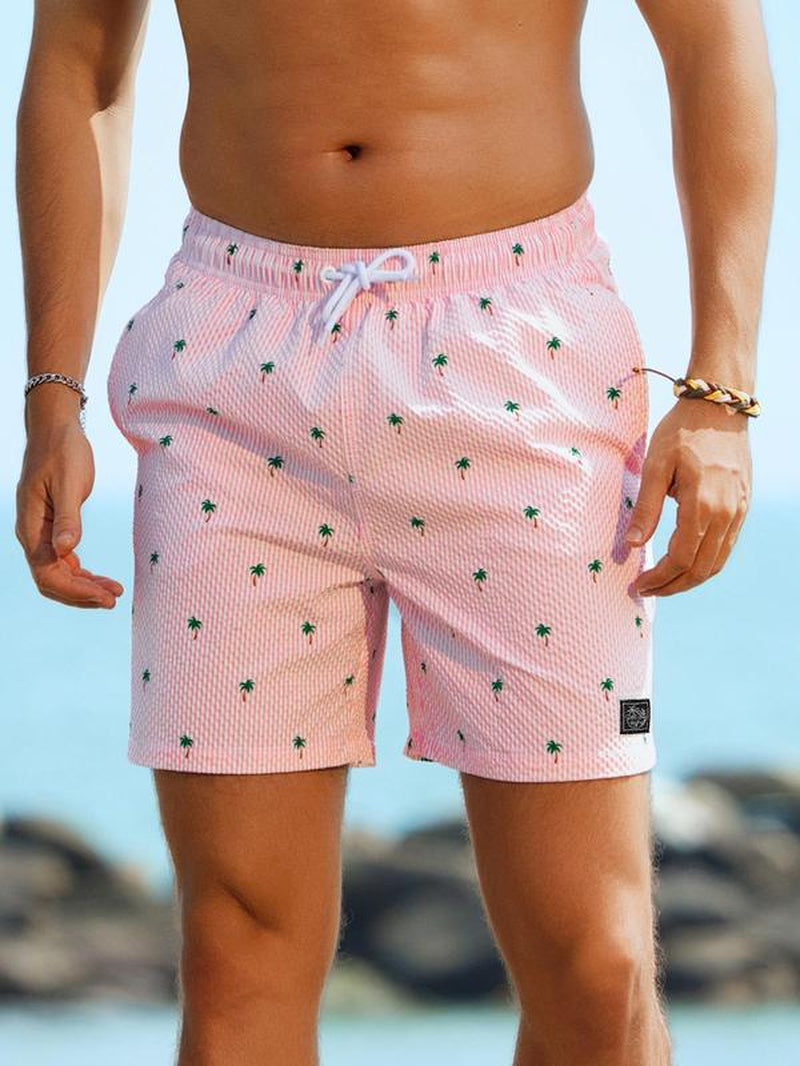 Men'S Regular Fit Palm Tree Print Boxer Brief Swim Shorts, Casual Comfy Breathable Swim Shorts for Summer, Men'S Swimwear for Beach Vacation, Summer Swim Bottoms, Summer Swim Trunks