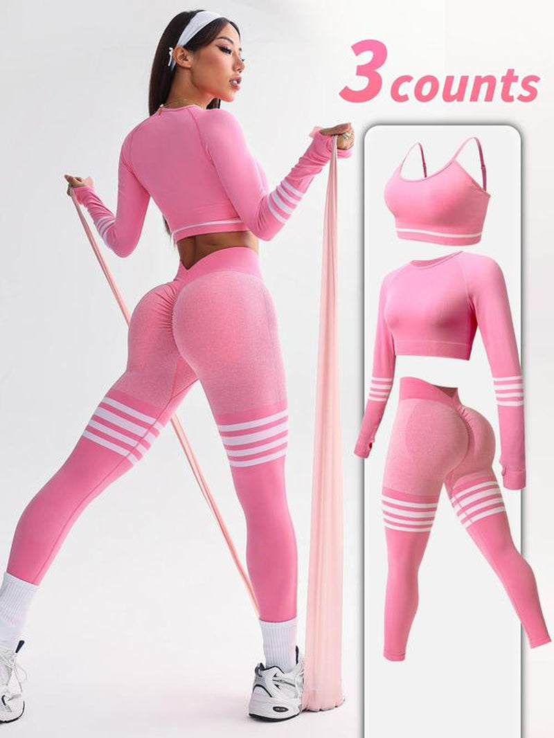 Women'S Striped Print Sports Bra & Leggings & Crop Top Tracksuit Set, Sporty Breathable Comfy Outfits for Yoga Gym Workout Running, Tracksuit Set, Workout Sets Women, Athleisure Wear Set, Workout Running Clothes,Sporty Style Clothes
