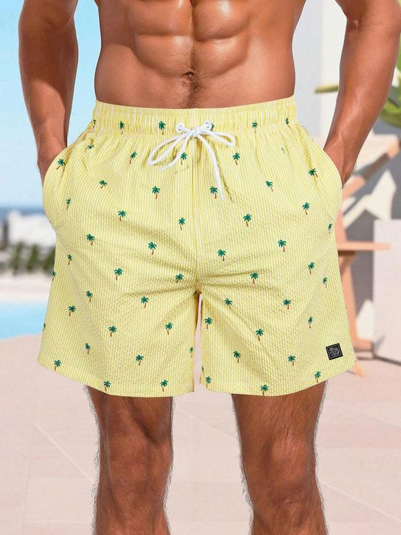 Men'S Regular Fit Palm Tree Print Boxer Brief Swim Shorts, Casual Comfy Breathable Swim Shorts for Summer, Men'S Swimwear for Beach Vacation, Summer Swim Bottoms, Summer Swim Trunks