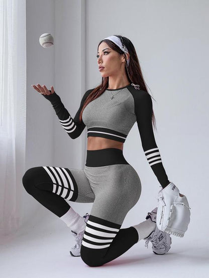 Women'S Striped Print Sports Bra & Leggings & Crop Top Tracksuit Set, Sporty Breathable Comfy Outfits for Yoga Gym Workout Running, Tracksuit Set, Workout Sets Women, Athleisure Wear Set, Workout Running Clothes,Sporty Style Clothes