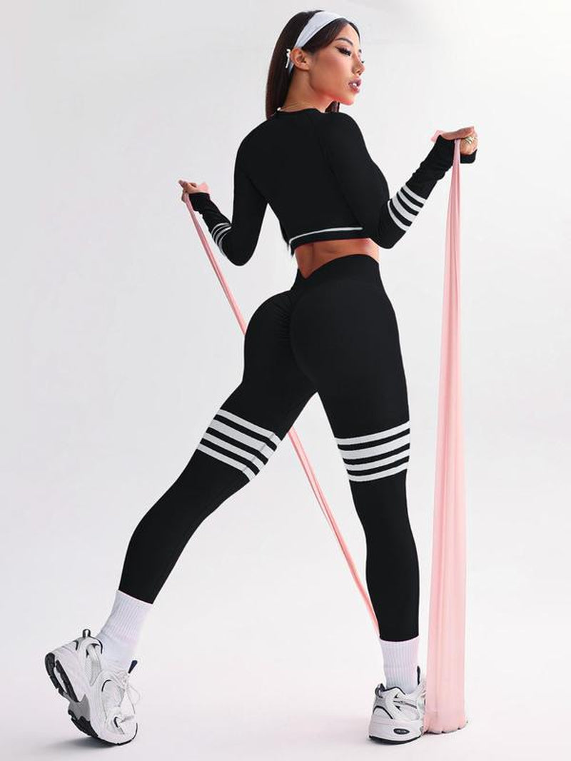 Women'S Striped Print Sports Bra & Leggings & Crop Top Tracksuit Set, Sporty Breathable Comfy Outfits for Yoga Gym Workout Running, Tracksuit Set, Workout Sets Women, Athleisure Wear Set, Workout Running Clothes,Sporty Style Clothes