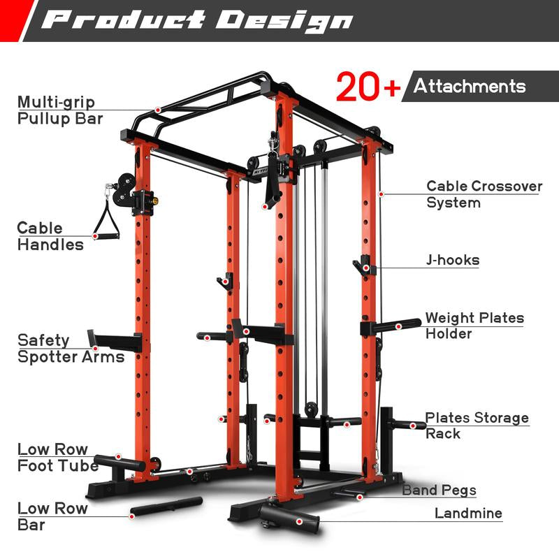 Ritfit Multi-Function Squat Rack Power Cage PPC03 with Cable Crossover System, 1000LBS Capacity Power Rack and Packages with Optional Weight Bench, Olympic Barbell Weight Set, Strength Training,Home Gym Equipment for Garage & Home Gym